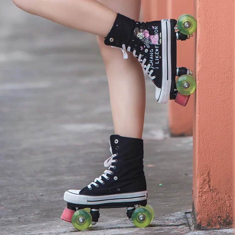 Adult ladies breathable high-top canvas skates Pu double-row inline flashing roller speed fast high elastic wear | Спорт и