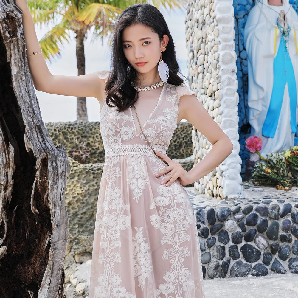 

Summer Bohemian Sleeveless Dress Seaside Vacation Ankle-Length Long Dresses Slim Beach Female Lace Mesh Ladies Elegant Dresses