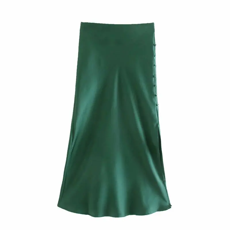 

Yellow Buttoned Slit Satin Elegant Skirt Womens Summer 2021 Solid Color Solid Color Skirt Office Lady Temperament Long Skirts