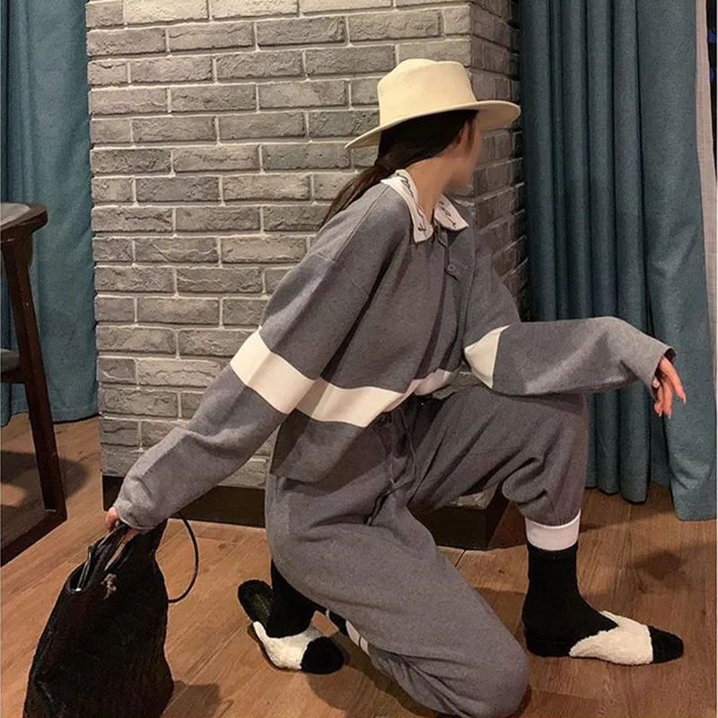 

Fashion Brand Letter Polo Collar Contrasting Color Knit Two-piece Set 2021 Casual Women's Spring Casual Harem Pants Ice Silk Set