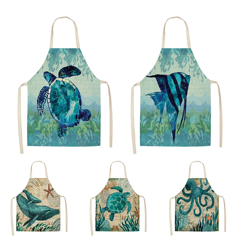 Модные Кухонные фартуки с морским животным для женщин льняные домашние готовки и