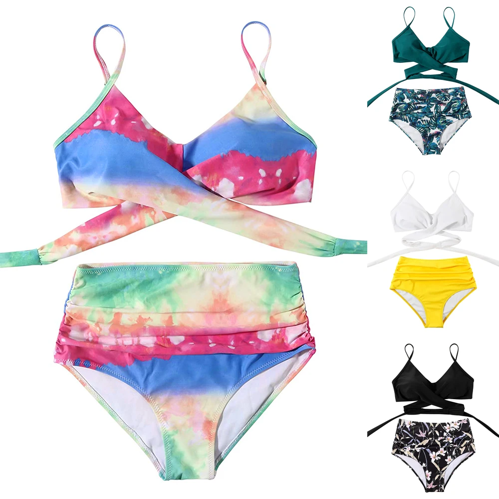 

Women High Waist Swimwear 2 Pieces Bikini Set Ruched Full Coverage Bottom Bathing Suit Summer Beach Pool Criss Cross Swimsuit