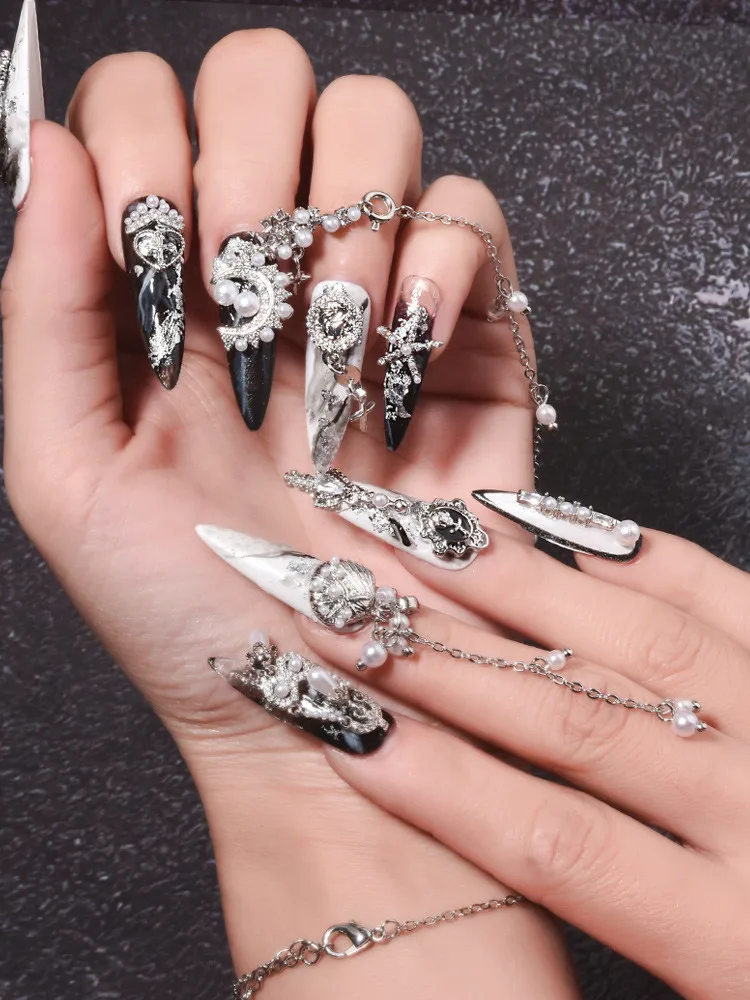 

10PCS Silver Zircon Nail Art Rhinestones 3D Butterfly Flower Cross Tassel Chains Pearls Nail Decorations Jewelry DIY Accessorie