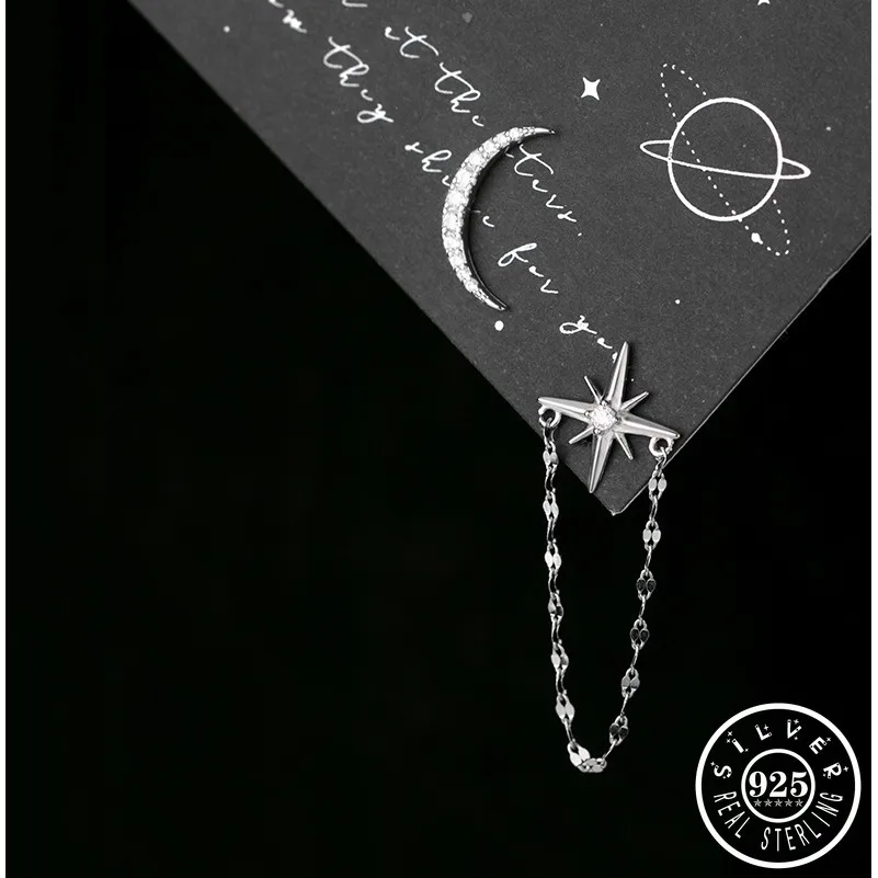 

925 серебро Асимметричный кубического циркония Форма лунной звезды Уникальный кисточкой цепь из звеньев с контрфорсом серьги ювелирные под...