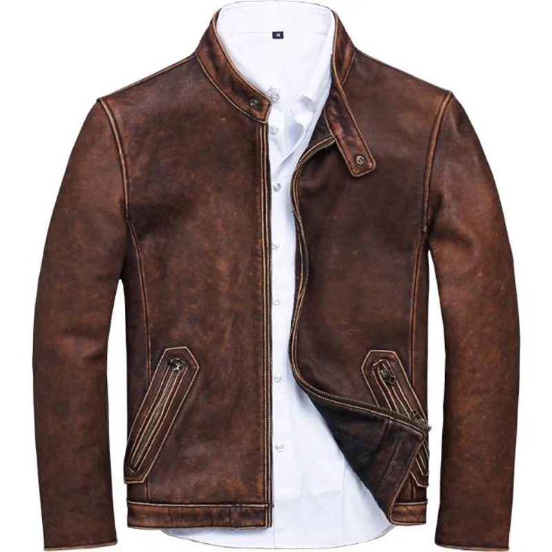 

Distressed Cow Leather Jacket and Coats For Men European Vintage Plus Size 5XL Mens Genuine Leather Jacket Vintage Clothing A006