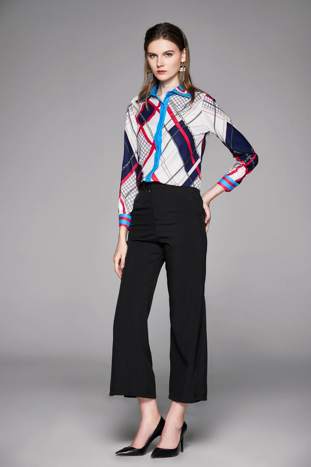 2020 весна лето осень подиум винтажный принт воротник кнопка спереди длинный рукав