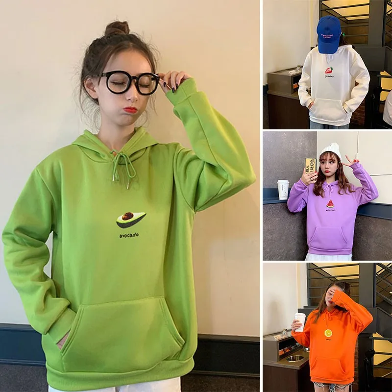 

Sweatshirt Letter Fruit Print Girl Long Sleeve Autumn Women Thick Hoodie Sweet Coat Casual Loose Hooded