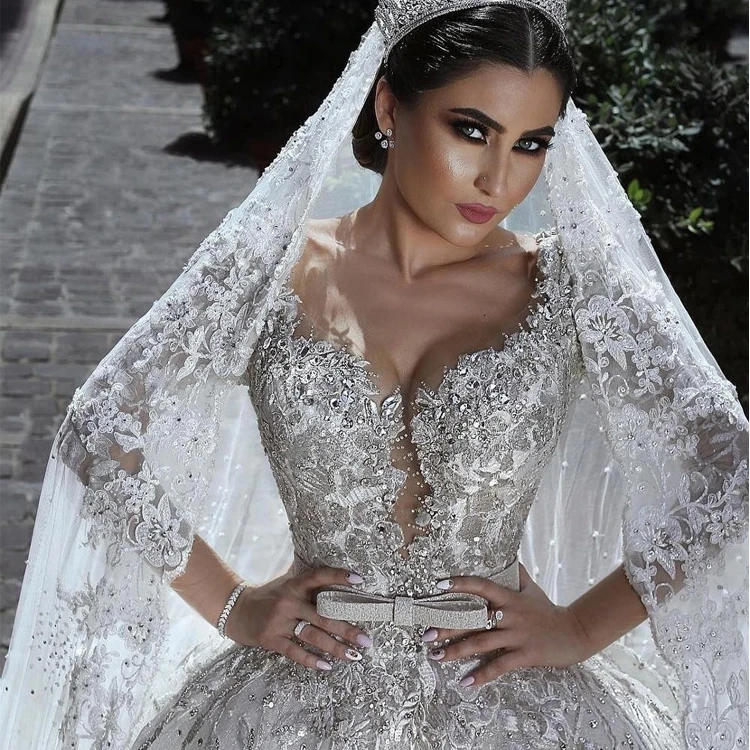Luxurious Long Sleeves Wedding Dress Beaded Robe De Mariee 2020 Ball Gown Lace Vestido De Noiva Mariage Bride Dresses Brautkleid