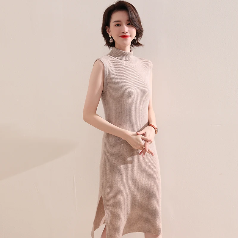 

Women Vest Long Sleeveless Dress 100% Goat Cashmere Knitted Jumpers Hot Sale 3Colors Turtleneck Soft Warm Sweaters Female