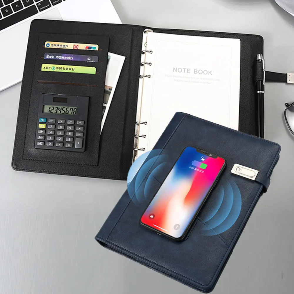Home 48 Portátil de Carregamento Couro do Plutônio Portfólio com Calculadora Usb sem Fio à Prova Pasta Dwaterproof Água u Disco Negócios Padfolio a5 32g