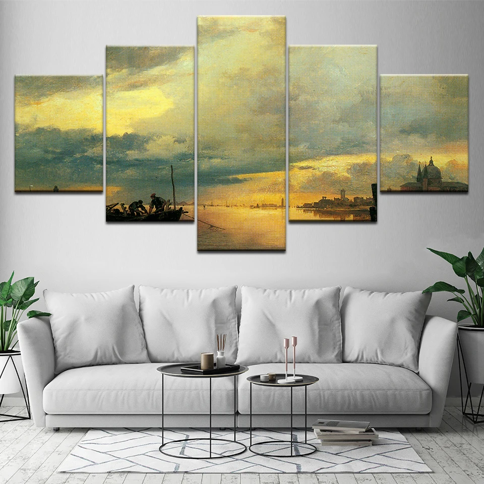 Модульная Настенная картина с рамкой 5 шт. красивый морской закат рыбаки печать