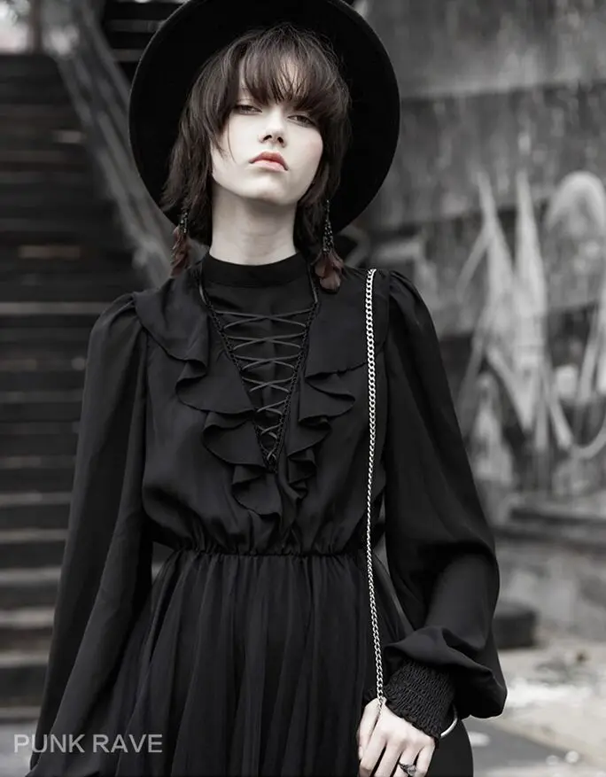 Женское длинное платье в стиле панк-рейва готическое с высоким воротником модные