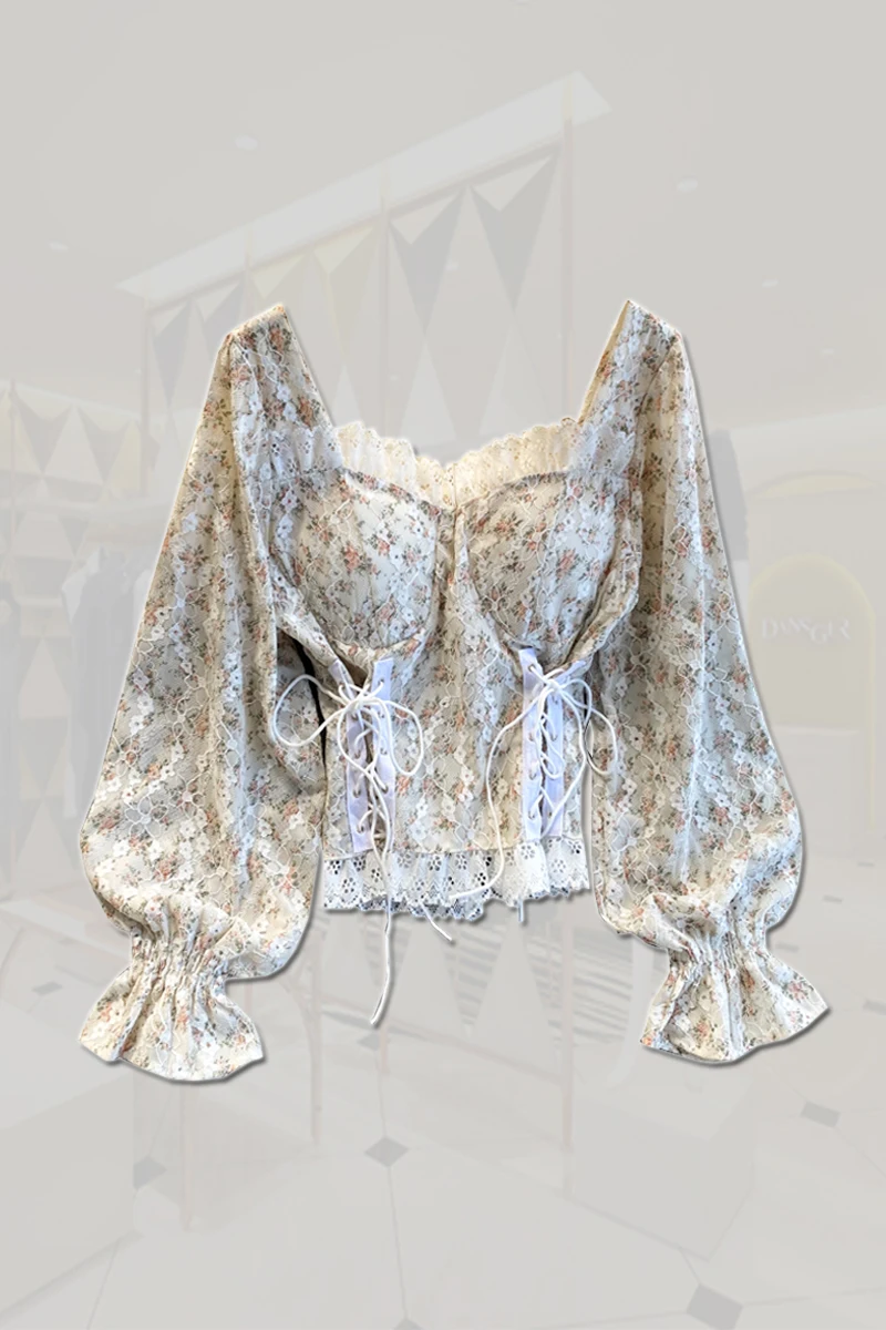 

Retro Sweet Lace Square Collar Wraped Blouse Women Lace-up Slim Waist Crop Top Female Blusas Mujer De Moda 2021 Verano Elegantes