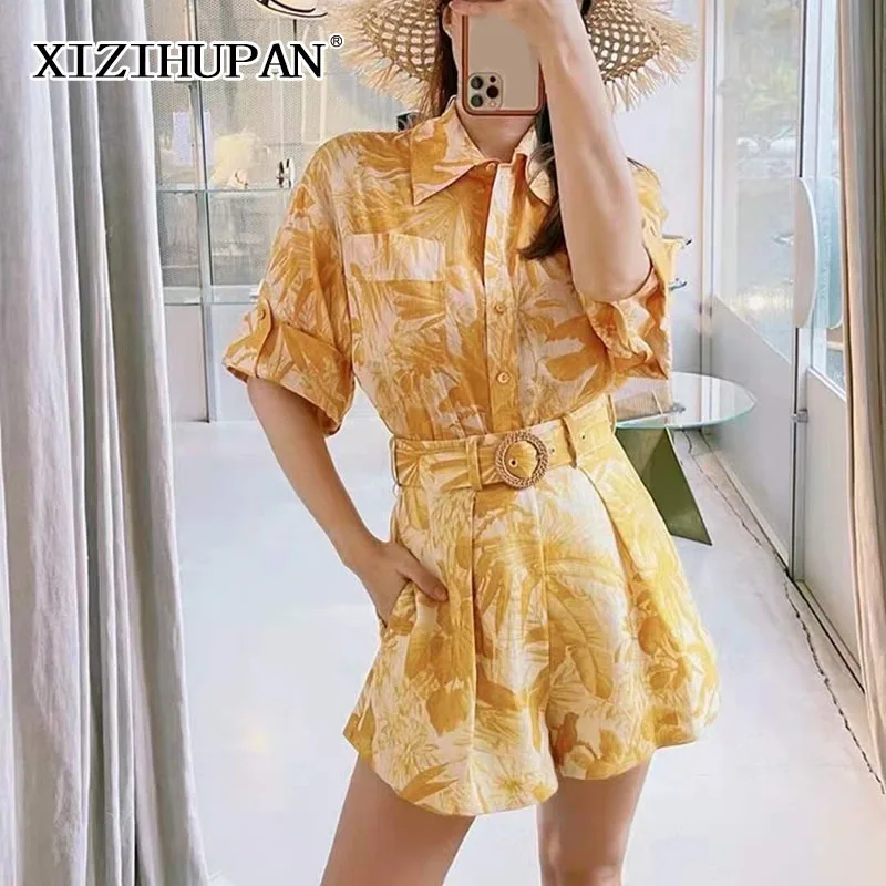 

XIZIHUPAN Vintage Two Piece Set For Women Lapel Print Short Sleeve Shirt High Waist Sashes Shorts Casual Set Female Summer 2021