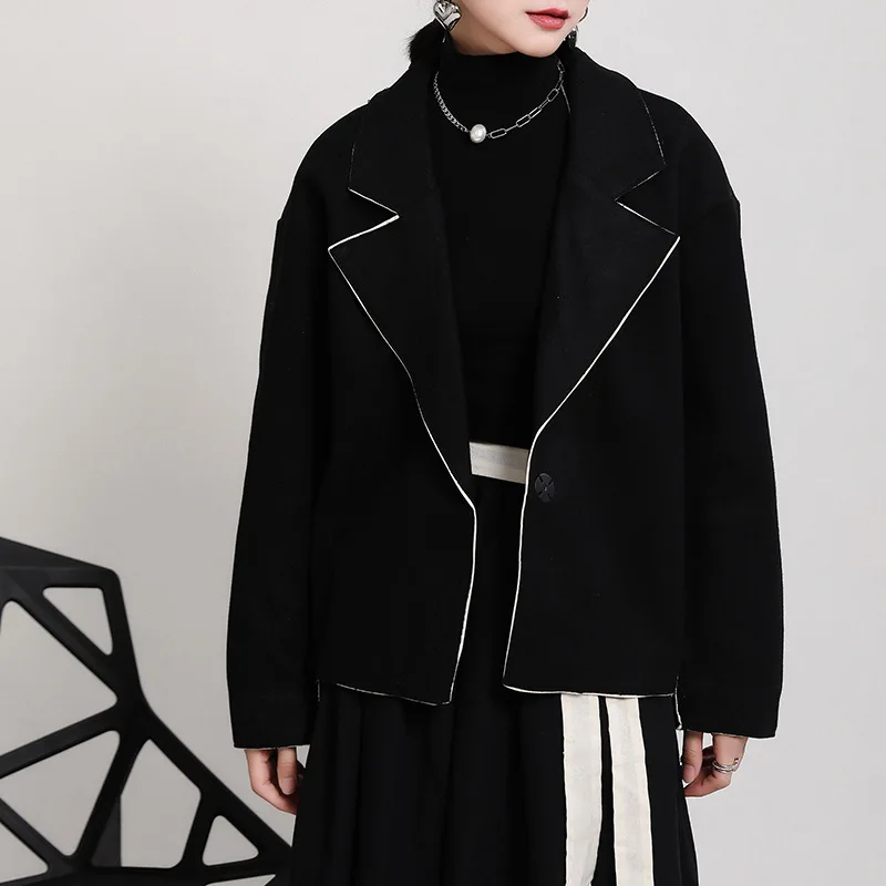

Single Breasted Black Loose Short Lapel Wool Coat Women Clothing 2021 Vintage Autumn Spring Woolen Jacket Female Cashmere Tops