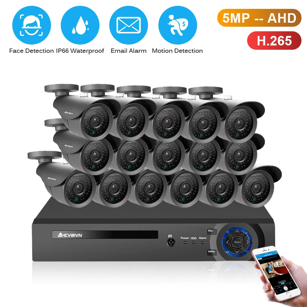 

16CH CCTV System 5MP Face Record AHD DVR System HD 16PCS CCTV Cameras 5.0MP Megapixels Enhanced IR Security Camera With 4TB HDD