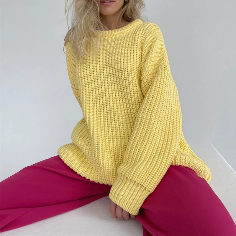 

2021 New Thickening Oversized Green Sweater Women Autumn Winter Long Sleeve Casual Loose Pullovers Female Solid Knitted Tops