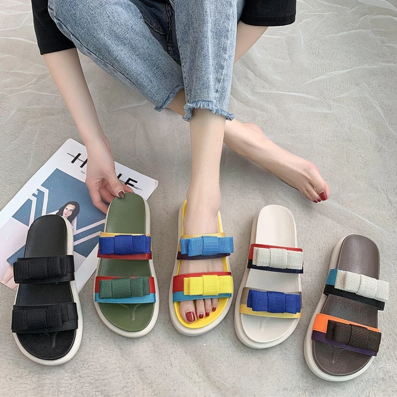 

Women's slippers outside New summer sandals in 2021 Flat bottom Color matching Seaside holiday Bow beach shoes 41
