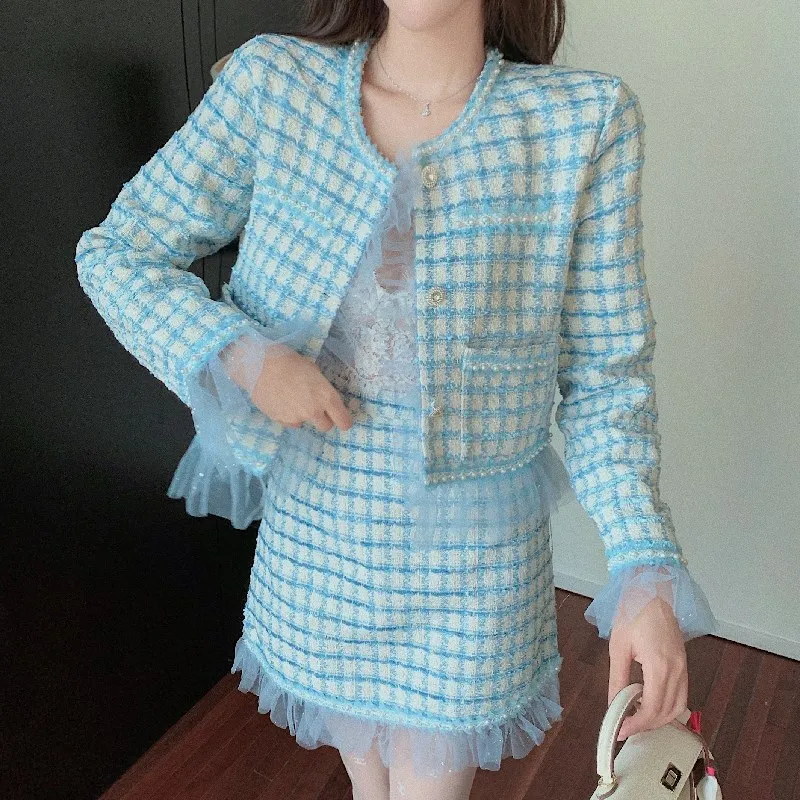 

Женский твидовый костюм с оборками, маленькая парная клетчатая куртка с круглым вырезом и короткая юбка с бисером, осенне-зимний костюм из 2 ...