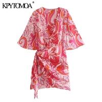 kpytomoa women 2021 chic fashion with tied pleated printed wrap mini dress vintage v neck half sleeve female dresses vestidos
