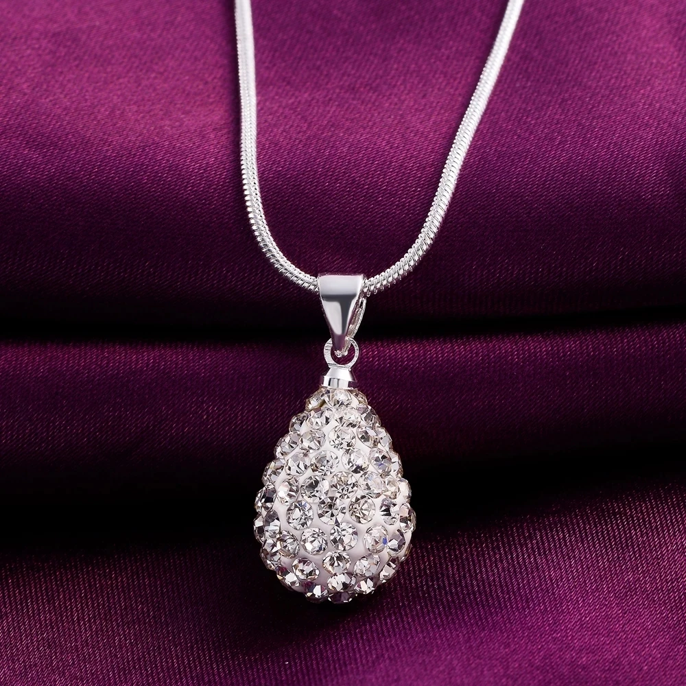 

925 Sterling Silver Jewelry Fashion Czech Diamond Water Drop Pendant Necklace 18" Woman Wedding Gift