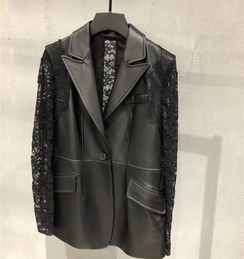 New Lady Autumn Fashion brand Leather Jacket Lace Patchwork Long Sleeve V-neck Short Outwear Sheepskin jacket