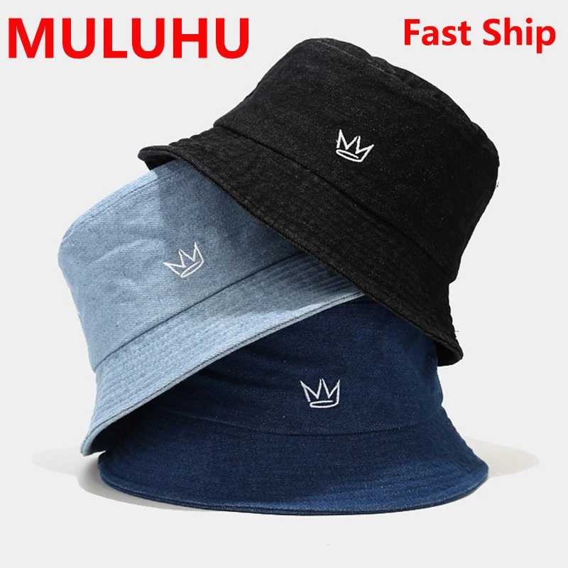 

Sonnenhut Damen Crown Embroidery Denim Bucket Hat Washed Retro Denim Caps Hip Hop Men Women Panama Warm Windproof Casquette