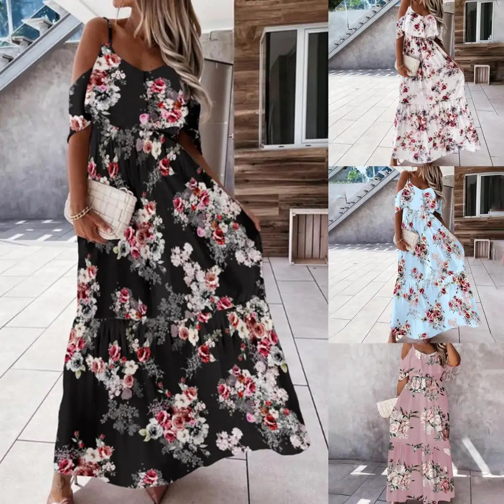 

Hot Sales Bohemian Women Dress Low Cut Cold Shoulder Short Sleeves Floral Print Maxi Dress for Cocktail