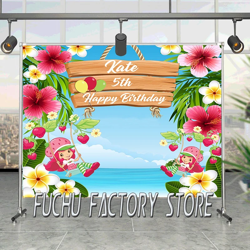 

Custom Strawberry Shortcake Photography Backdrop Girls Birthday Baby Shower Photo Background Blue Vinyl Photo Booth Props