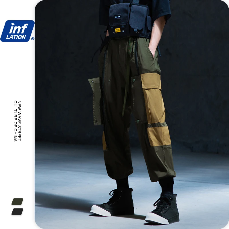 

INFLATION Men Wide Leg Cargo Trousers Black And Green Color Mens Cargo Pants With Multi-Pocket Techwear Cargo Pants 3124S20