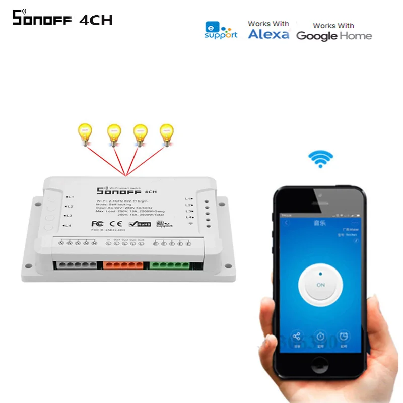 Смарт переключатель ITEAD Sonoff 4CH R2 Wi Fi 4 канальный WIfi умный домашний таймер подсветка
