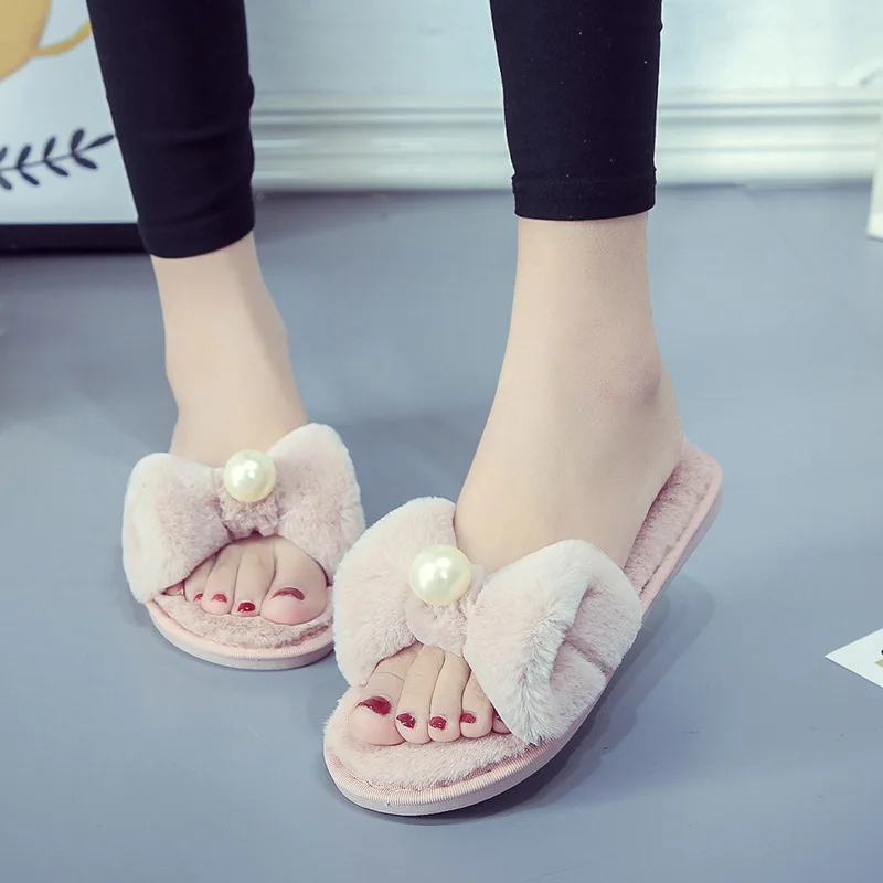 Лиам Симпатичные плюшевые тапочки женские искусственный мех жемчуг мягкая