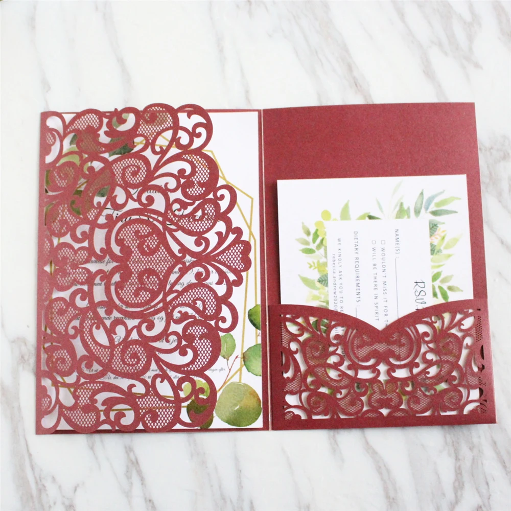 Лазерная резка свадебное приглашение Карманный цветок три сложения