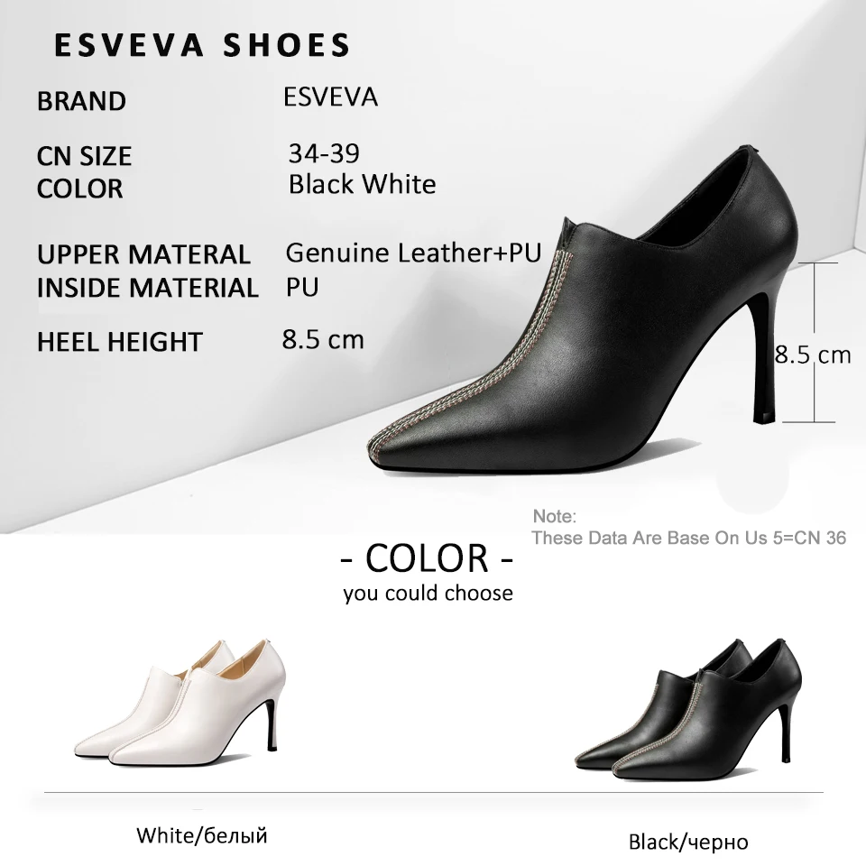 

ESVEVA 2019 Women Pumps Cow Leather PU Office&career Shoes Fashion Solid Zip Thin High Heels Pointed Toe Shoes Women Pumps 34-39