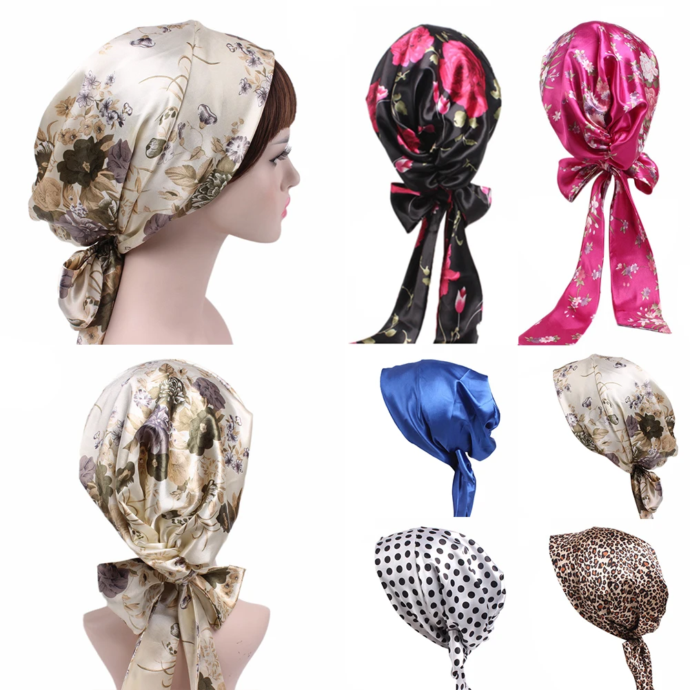 

Womens Night Sleeping Cap Head Diy Streamers Bow Turban Pre Tied Fitted Silk Satin Bandana Chemo Cap Head for Hair Loss Patients