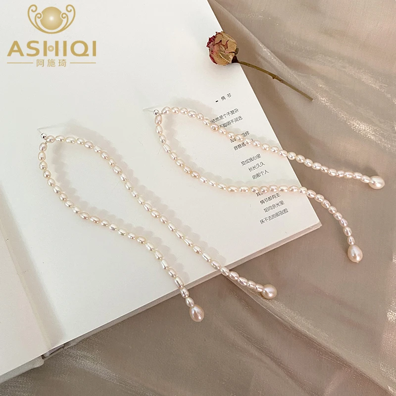 

ASHIQI Natural Freshwater Pearl Long Drop Earrings 925 Sterling Silver Fashion Tassels Jewelry for Women Personality Gifts