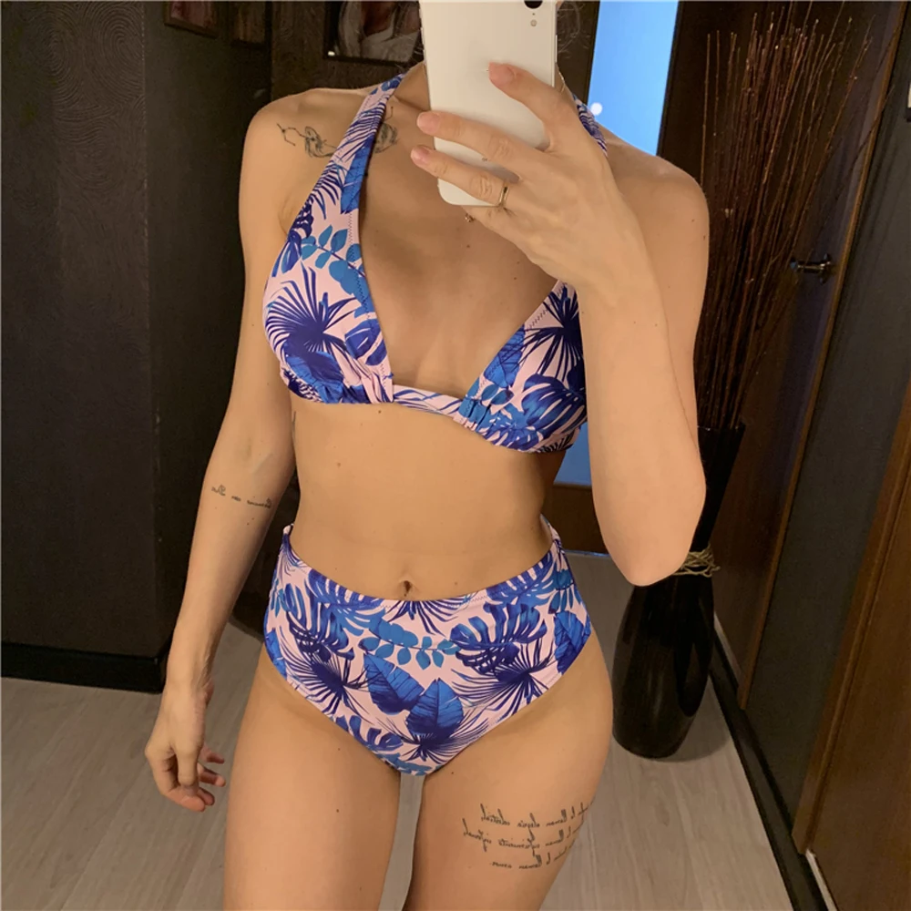 

High Waisted Push Up Bikinis Set Swimwear Women Swimsuits Bathing Suit Women Halter biquini Leaf Print Beach Wear Bikini 2020
