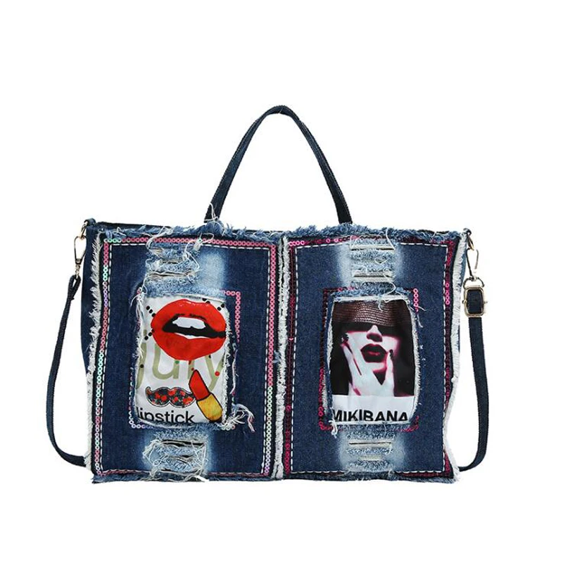 

Sequined Badge Pattern Denim Female Totes Large Capacity Fashion Shopping Bag Casual Purses And Handbags For Women Shoulder Bag