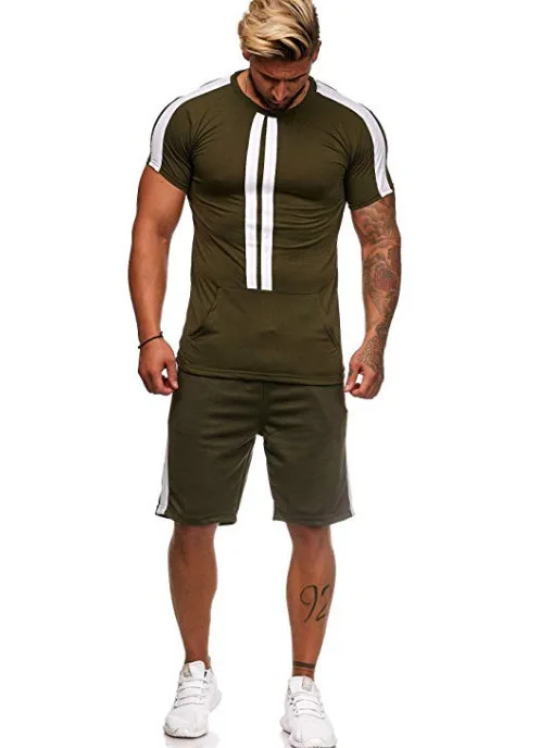 

2021 cross-border summer new short-sleeved t-shirt men's two-piece outdoor sports and leisure contrast striped suit men