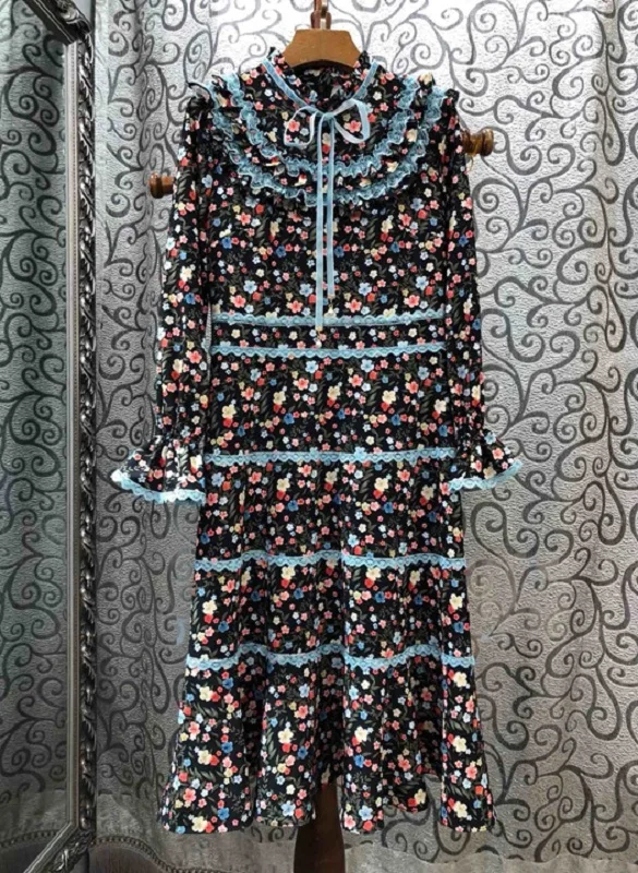 

Dress Top Quality 2021 Autumn Style Women Ruffled Collar Elegant Floral Print Lace Patchwork Long SLeeve Midi Party Vintage Dres