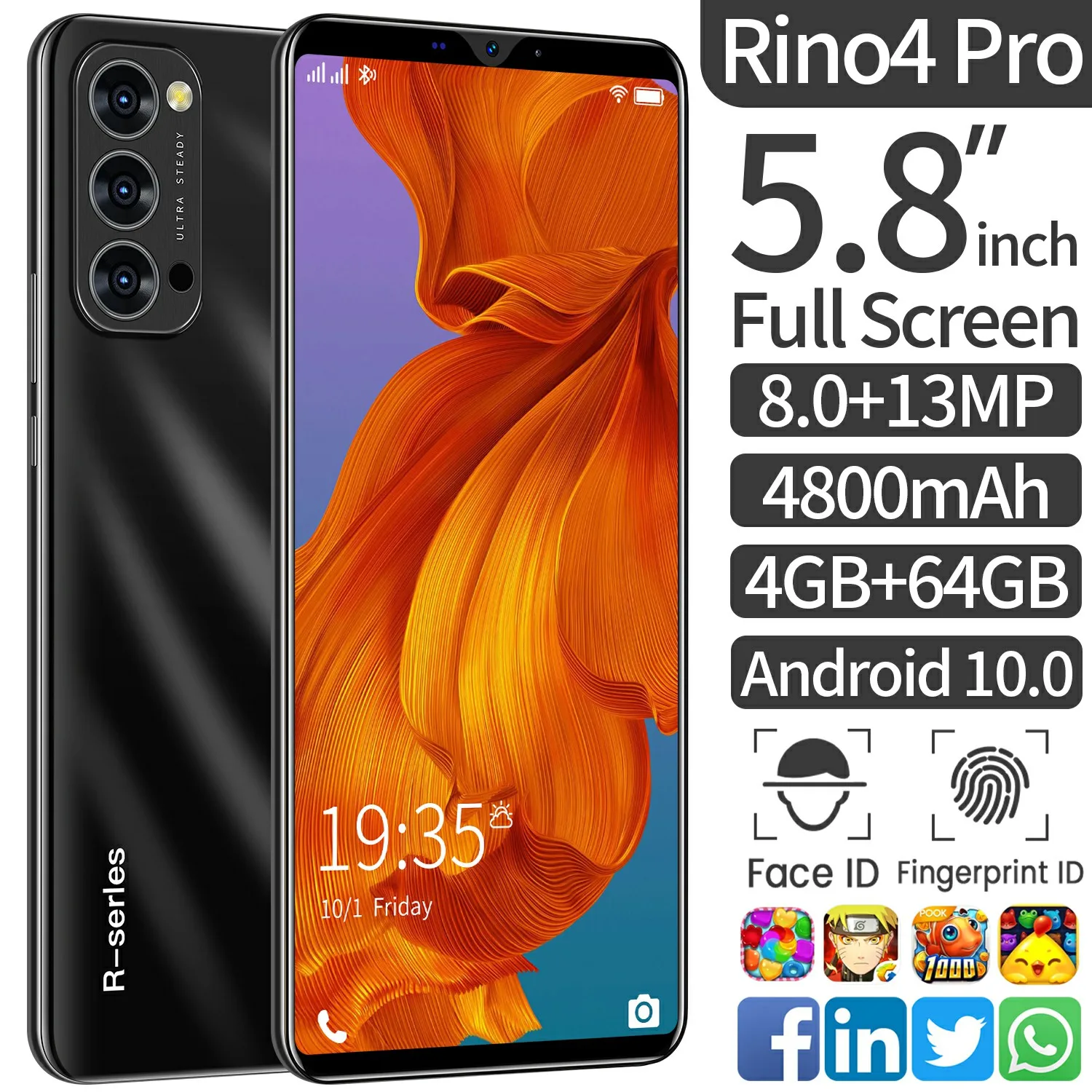 

Global Rino4 Pro 5.8Inch 4+64GB HD SmartPhones 4800mAh 8+13MP 5G Network Android 10 Duble Sim Face ID Unlock Hot Mobliephone