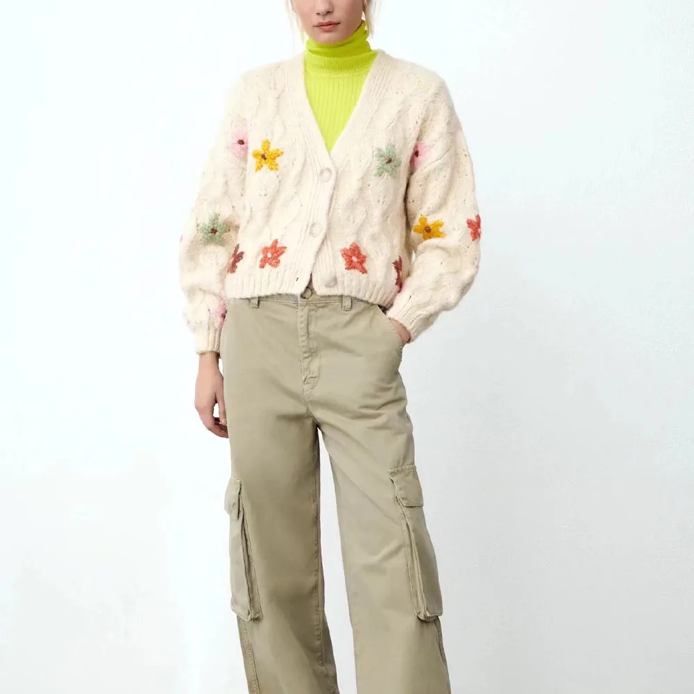 

Женский вязаный кардиган с цветочной вышивкой, винтажный свитер с V-образным вырезом и длинным рукавом, верхняя одежда, шикарные топы, осень ...