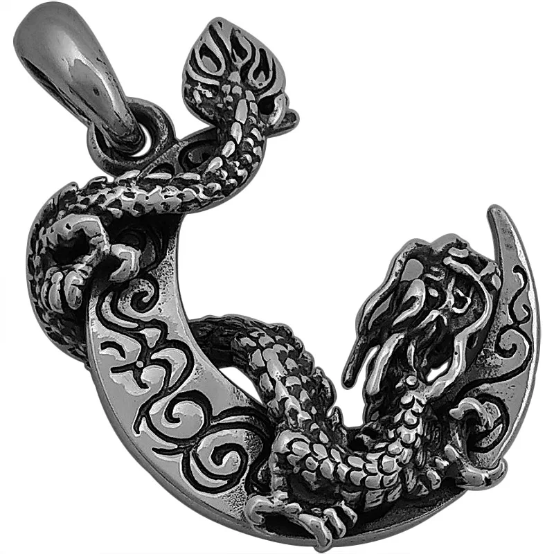 only pendant Чистое Серебро 925 пробы Мужская подвеска с драконами Луна винтажное панк тайское серебро изящное подвесное ожерелье ювелирные изделия - Окраска металла: only pendant