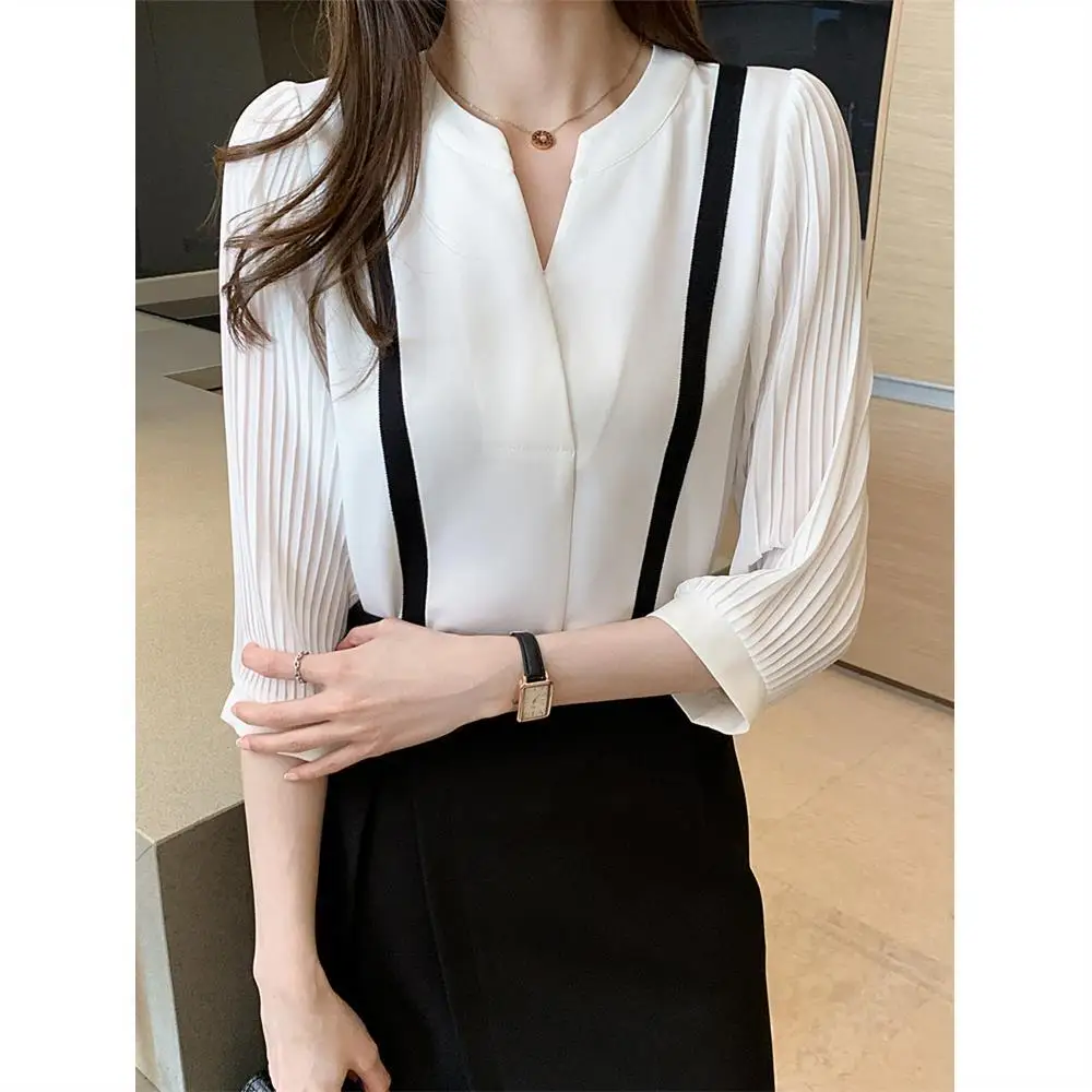 

2021 сезон: весна-лето белого цвета с V-образным вырезом Блузка женская блуза с рукавом в три четверти женская шифоновая блузка с модным чувств...
