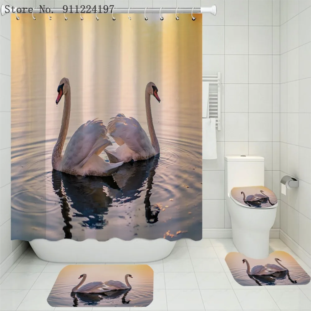 

3D Digital Printing Swan Mandarin Duck Lake Shower Curtain Set With Hooks Non Slip Rug Bath Mat Cat Toilet Lid Cover Home Decor