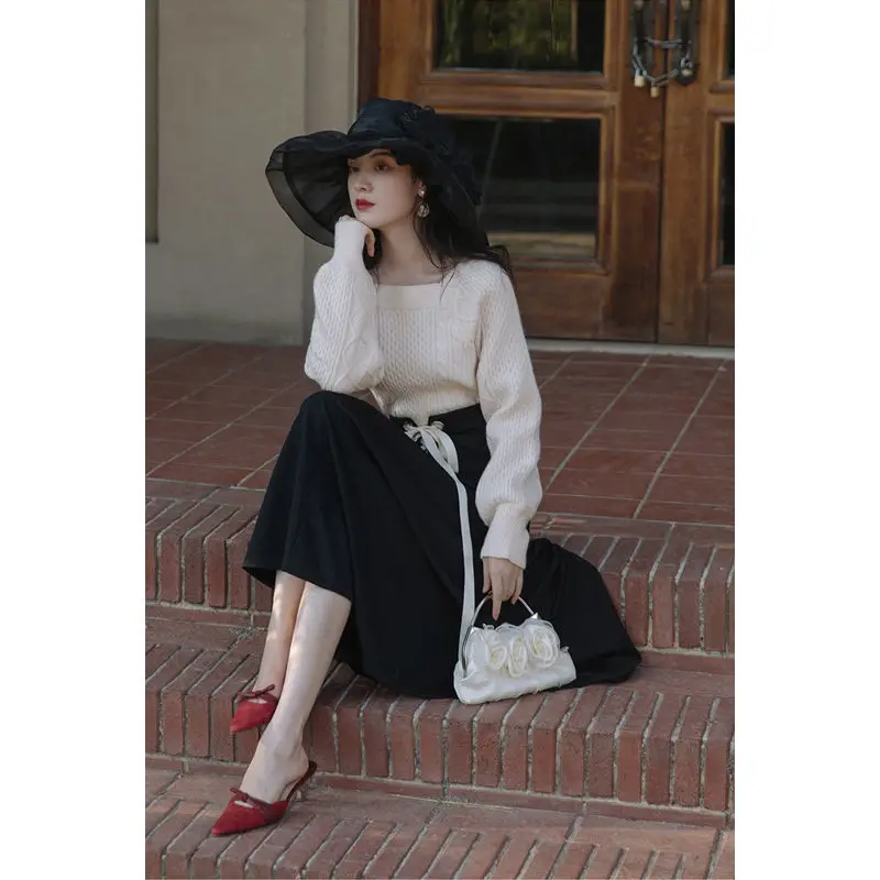 

2 Piece Set Women French Elegant Suit Female Vintage Square Collar Knitted Sweater+ Bow Lace-Up Skirt Korean 2021 Winter Outfits