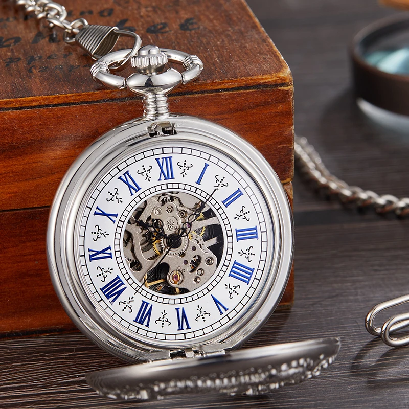 Dragon Pattern Hollow Mechanical Pocket Watch Antique Steampunk Skeleton Dial Fob Chain Clock for Men Women Gift Dropshipping