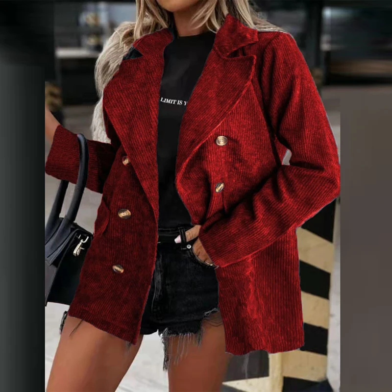 

Women 2021 Fashion Buttons Blazers Coat Vintage Long Sleeve Female Outerwear Winter Office Lady Woollen Jacket Solid Pocket Coat