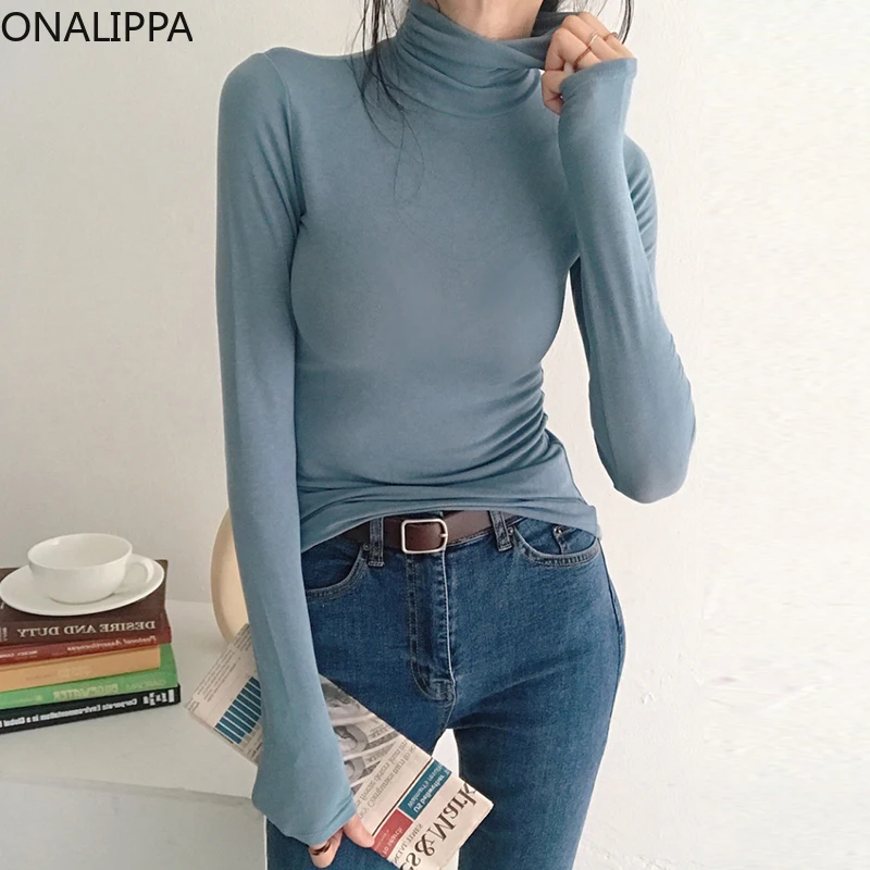 

Женская рубашка ONALIPPA с высоким воротником, модель 2021 года, корейский шикарный простой Универсальный удобный эластичный пуловер с длинными ...