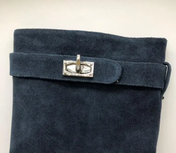 blue suede BuonoScarpe/женские ботинки на танкетке ботинки до середины икры из натуральной кожи с застежкой в виде акулы обувь для увеличения роста Mujer - Цвет: blue suede